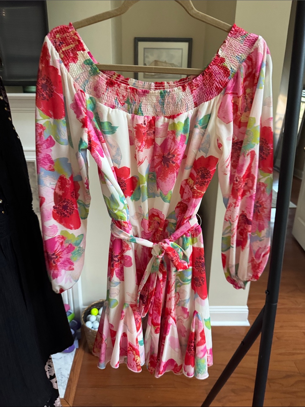 Floral Off-Shoulder Smocked Waist Tie Romper - Pink & White